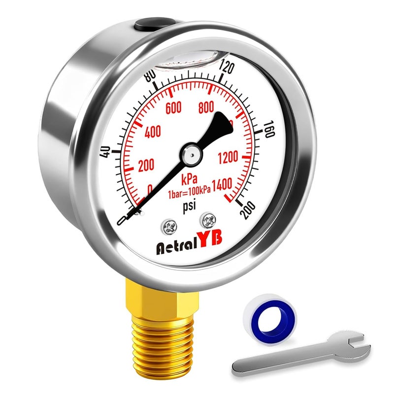 AetralYB 0-200 Psi 2-Inch Waterproof Pressure Gauge, Liquid-Filled, 1/4" NPT Lower Mount, Stainless Steel, Pressure Gauge for Water Pumps, Oil Systems, Pneumatic Air, and Pool Sand Filters - Image 1